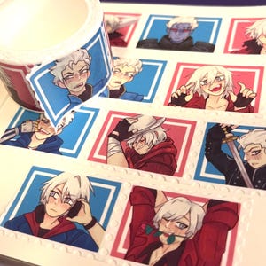 May include: A roll of decorative tape and several stickers featuring anime-style illustrations of a character with white hair. The stickers are in blue and red frames, with various poses and expressions.
