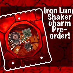 Puede incluir: Un charm de coctelera rojo y blanco con el texto "Iron Lung Shaker charm Pre-order!". El charm presenta un personaje de dibujos animados dentro de una caja roja con otros objetos pequeños. El fondo es una textura roja agrietada.