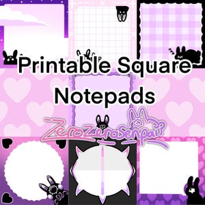 May include: Printable square notepads with a pink and purple color scheme. The notepads feature a variety of designs, including hearts, stars, and checkered patterns. The text "Printable Square Notepads" is written in black letters on a white background.