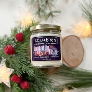 May include: A white soy candle in a glass jar with a gold lid. The label reads "MOD+birch" and "Frosted Fig Cedar" with the scent description "icy mint + frozen berry + white cedar" and the size "7.2oz (204.1g)".