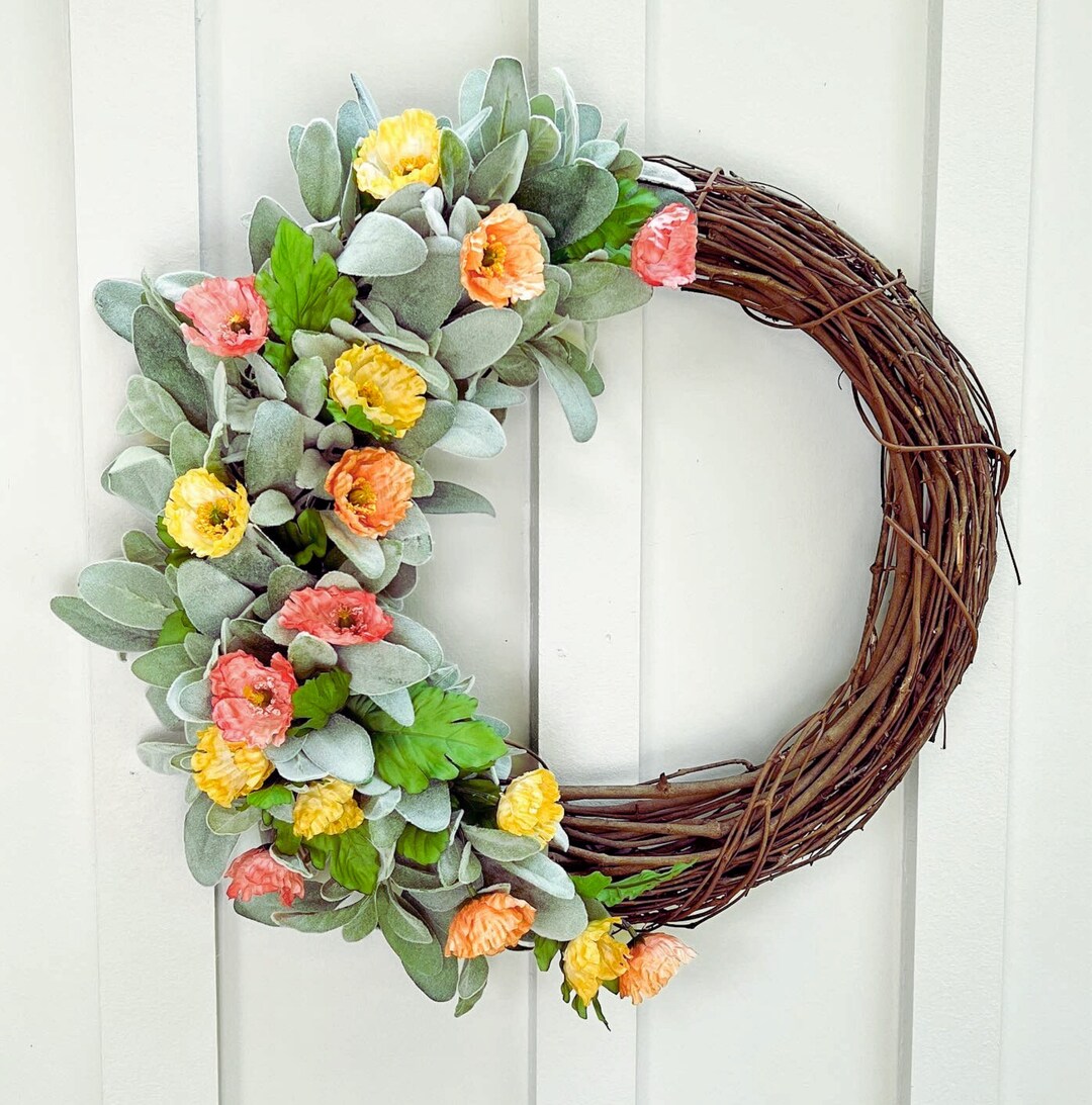 Lambs Ear & Poppy Wreath | Farmhouse Summer Front Door Decor - Etsy