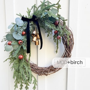Cedar and juniper berry cascading evergreen winter wreath | Christmas bells wreath | neutral winter décor | modern holiday front door wreath