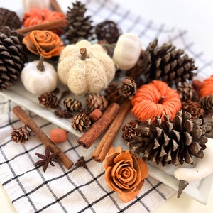 May include: A white tray filled with fall-themed decorations, including pinecones, cinnamon sticks, and small pumpkins. The decorations are arranged in a decorative pattern and are perfect for adding a touch of autumn to your home.