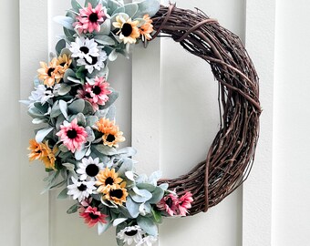 Summer to fall sunflower wreath | lambs ear wreath | boho décor | fall farmhouse wreath | modern farmhouse décor | autumn wreath décor
