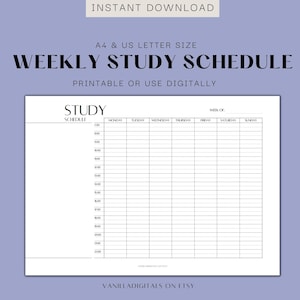 Weekly Study Schedule, Revision Timetable, Study Planner Inserts, Weekly Agenda, Single Page Print Out, Instant Download, A4 and Letter size