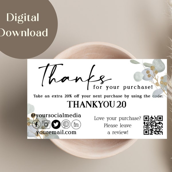Thank You Card Template for Small Business Etsy Sellers, Etsy Coupon Code for Discount, Thank You For Your Order, Discount Loyalty Card