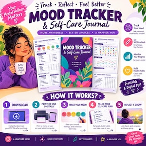 May include: A Mood Tracker & Self-Care Journal featuring a central book with a colorful floral cover, flanked by daily and weekly tracking pages. The layout includes instructional steps, icons for habit tracking, and text prompts for mental wellness.