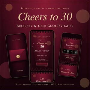 30th Birthday Invitation, Burgundy Gold Digital Invite, HTML Birthday Template, Editable Milestone Party Evite
