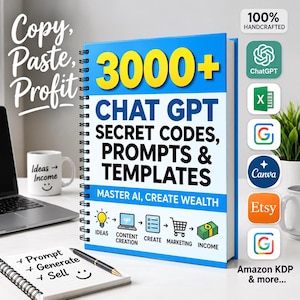 May include: A spiral-bound book titled 3000+ CHAT GPT SECRET CODES, PROMPTS & TEMPLATES MASTER AI, CREATE WEALTH. The cover features yellow text, blue accents, and icons for ideas, content creation, marketing, and income. Includes a notepad and pen.