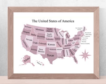 Mapa dos Estados Unidos para Imprimir - Pôster Rosa para Planejamento de Viagens | Mapa com Alfinetes | Download Digital