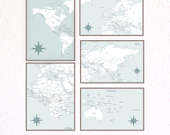 Mapa-múndi para colorir - Pôster azul para planejamento de viagens | Mapa para imprimir | Download digital