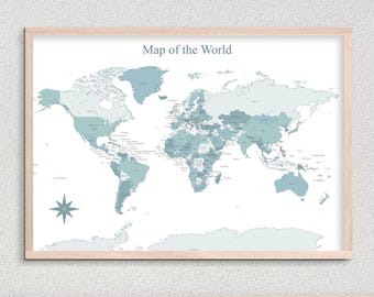 Mapa Mundi para Imprimir - Pôster Azul de Viagem | Mapa com Alfinetes | Download Digital