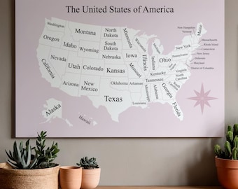 Mapa dos Estados Unidos para colorir - Pôster rosa para planejamento de viagens | Mapa para imprimir | Download digital