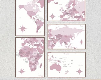 Mapa-múndi para imprimir e decorar sua parede - Pôster rosa para planejamento de viagens | Mapa com alfinetes | Download digital
