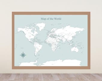 Mapa Mundi Colorível para Parede - Pôster Azul de Viagem | Mapa para Imprimir | Download Digital