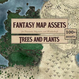 Op de afbeelding: Een geïllustreerde kaart met de tekst "FANTASY MAP ASSETS" en "TREES AND PLANTS". De kaart is verdeeld in twee secties, een met groene bomen en de andere met schaarse bomen. De tekst "100+ assets" staat in de rechterbovenhoek.