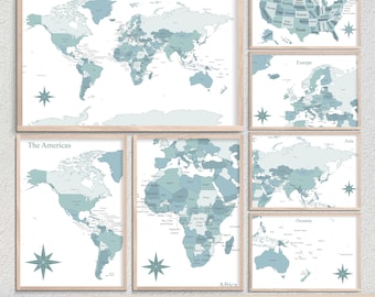 Pacote de pôsteres imprimíveis com mapa-múndi para parede - Mapa-múndi azul para viagens | Alfinete | Download digital