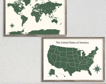 Mapas imprimíveis do mundo e dos Estados Unidos - Pôster de planejamento de viagens | Alfinete | Download digital