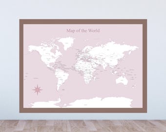 Mapa Mundi para Colorir - Pôster Rosa para Rastreamento de Viagens | Mapa para Imprimir | Download Digital