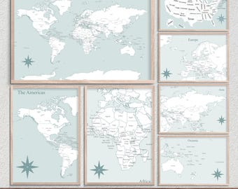 Pacote de pôsteres coloridos com mapa-múndi para colorir - Mapas azuis para planejamento de viagens | Mapas para imprimir | Download digital