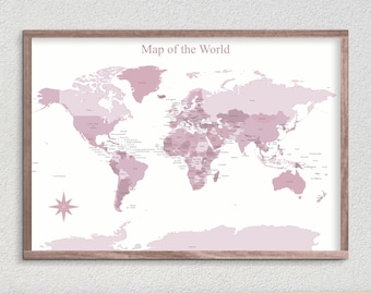 Mapa Mundi para Imprimir - Pôster Rosa para Rastreamento de Viagens | Mapa com Alfinetes | Download Digital