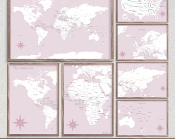 Pacote de Mapas Mundi para Colorir - Pôsteres Rosa para Planejamento de Viagens | Mapas para Imprimir | Download Digital