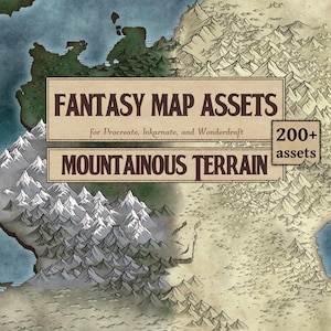 Op de afbeelding: Een digitaal kunstassetpakket met een fantasiekaart met bergachtig terrein. De afbeelding bevat de tekst "Fantasy Map Assets" en "Mountainous Terrain" met meer dan 200 assets. De kaart is een mix van groene, blauwe en bruine kleuren.
