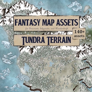 Op de afbeelding: Een digitaal fantasy-kaart asset pack met een toendra-terrein thema. De afbeelding toont een gedetailleerde kaart met besneeuwde bergen, bossen en de tekst "Fantasy Map Assets" en "Tundra Terrain". Bevat meer dan 140 assets.