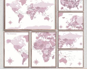 Pacote de pôsteres imprimíveis com mapa-múndi para parede - Mapa-múndi rosa para viagens | Alfinete | Download digital