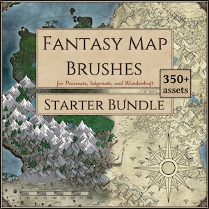 May include: A fantasy map starter bundle with the text "FANTASY MAP BRUSHES" and "STARTER BUNDLE". The image features a detailed map with mountains, trees, and a compass rose. Includes 350+ assets.