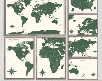 Pacote de pôsteres imprimíveis com mapa-múndi para parede - Mapas verdes para viagens | Alfinete | Download digital