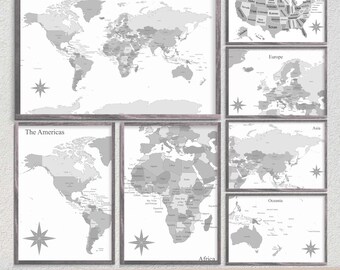 Pacote de pôsteres imprimíveis com mapa-múndi para parede - Mapa-múndi cinza para viagens | Alfinete | Download digital