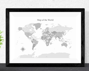 Mapa Mundi para Imprimir - Pôster de Viagem Cinza | Mapa com Alfinetes | Download Digital