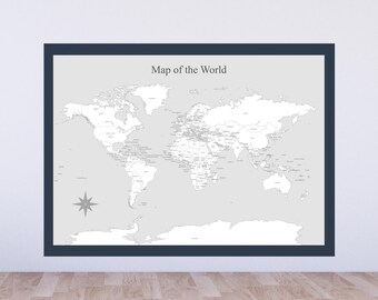 Mapa Mundi para Colorir - Pôster de Viagem Cinza | Mapa para Imprimir | Download Digital