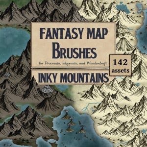 May include: An illustrated fantasy map with mountain ranges, lakes, and volcanoes. Text on the image reads "FANTASY MAP Brushes" and "INKY MOUNTAINS", along with "142 assets". The colour scheme features browns, blues, and greys.