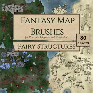 Può includere: Un pacchetto di risorse digitali intitolato Fantasy Map Brushes per Procreate, Inkarnate e Wonderdraft, contenente 80 asset di strutture fiabesche. L'immagine mostra varie illustrazioni disegnate a mano di castelli, archi in pietra e case a fungo.