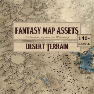 Op de afbeelding: Digitale illustratie van een fantasiekaart met woestijnterrein. De kaart bevat bergen, een rivier en een meer met palmbomen. Tekst op de kaart luidt "FANTASY MAP ASSETS" en "DESERT TERRAIN" met een notitie van "140+ assets".