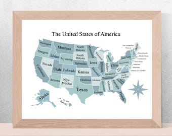 Mapa dos Estados Unidos para imprimir - Pôster azul para planejamento de viagens | Mapa com alfinetes | Download digital