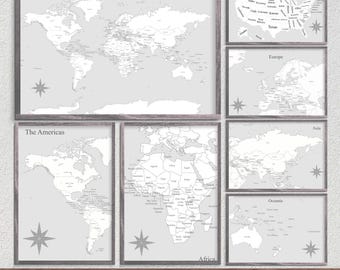 Pacote de Mapas Mundi para Colorir - Pôsteres de Viagem em Tons de Cinza | Mapas para Imprimir | Download Digital