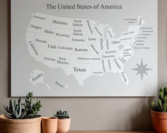 Mapa dos Estados Unidos para colorir - Pôster de viagem cinza | Mapa para imprimir | Download digital