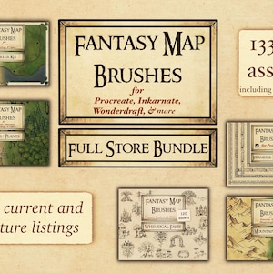 Sets de pinceaux et tampons pour carte fantastique | Pack boutique complet | Procreate, Inkarnate, Wonderdraft, Dungeondraft | Carte des atouts, construction du monde, D&D