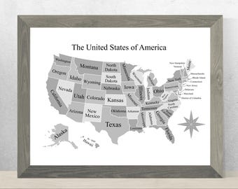 Mapa dos Estados Unidos para imprimir - Pôster de viagem cinza | Mapa com alfinetes | Download digital