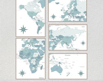 Mapa-múndi para imprimir e decorar sua parede - Pôster azul para planejamento de viagens | Mapa com alfinetes | Download digital