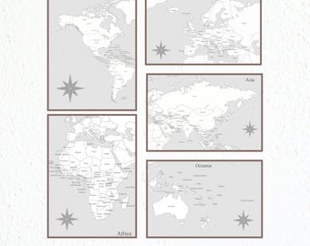 Mapa-múndi para colorir - Pôster de viagem cinza | Mapa para imprimir | Download digital