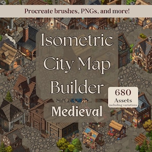 Isometric City Builder | Fantasy Map Brushes | Medieval | Procreate, Wonderdraft, Dungeondraft, PNG | Map Assets, Worldbuilding, D&D, ttRPG