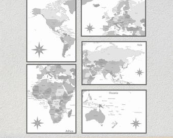 Mapa-múndi para imprimir e decorar sua parede - Pôster cinza para planejamento de viagens | Mapa com alfinetes | Download digital