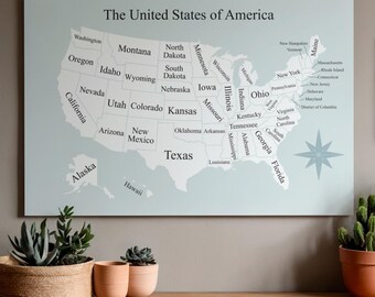 Mapa dos Estados Unidos para colorir - Pôster azul para planejamento de viagens | Mapa para imprimir | Download digital