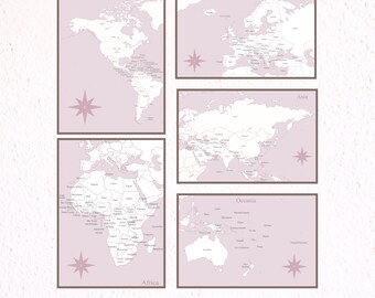 Mapa-múndi para colorir - Pôster rosa para planejamento de viagens | Mapa para imprimir | Download digital