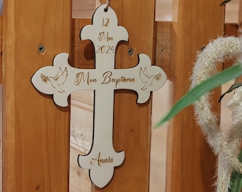 Personalized wooden baptism cross with first name and date, baptism gift
