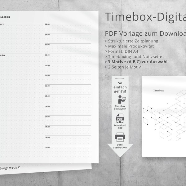 Plantilla digital Timebox PDF, 2 páginas DIN A4, tres diseños diferentes a elegir